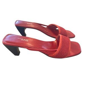 Vintage Y2k 90s The Sak Red Open-Toe Slide crochet Kitten Heels Comfortable chic